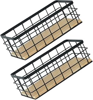 2pcs Wall Mounted Wire Storage Basket with Wood Base for Bathroom
