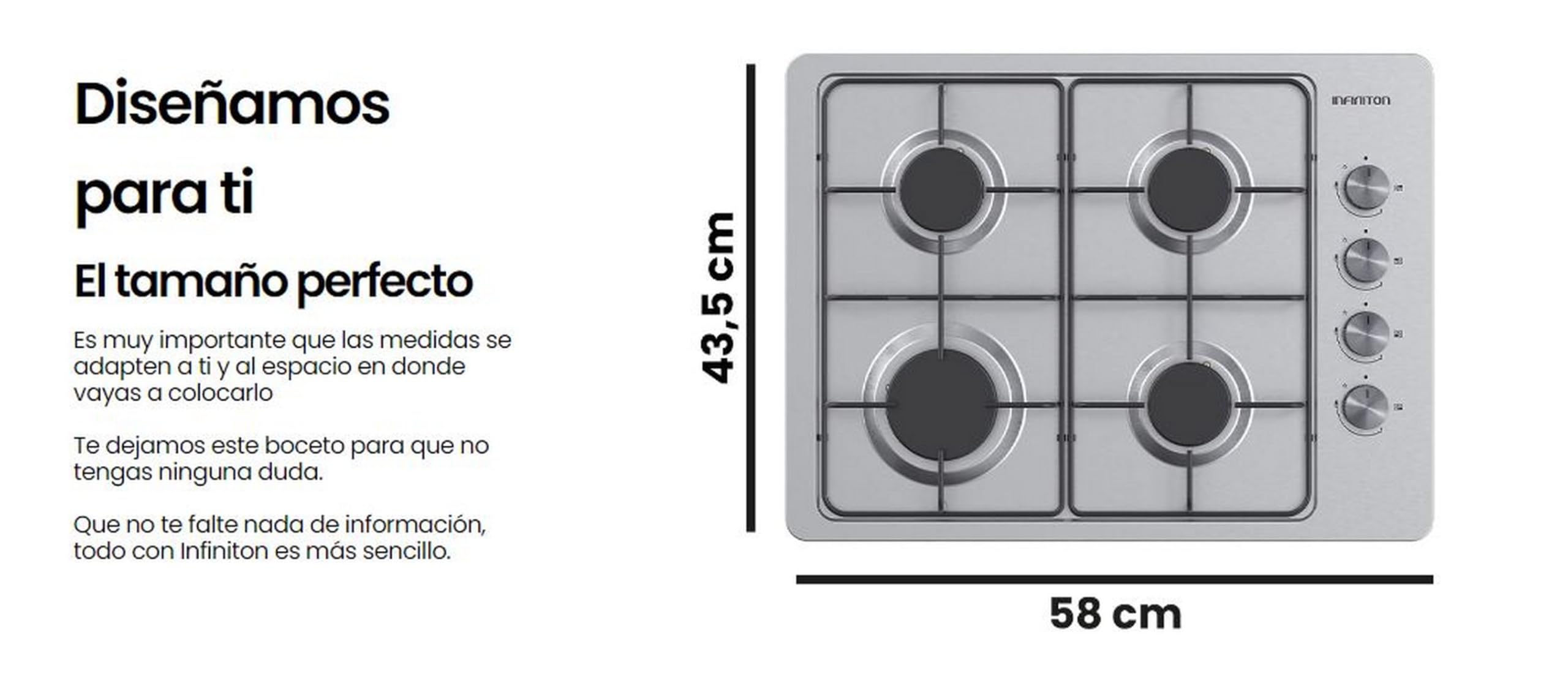 INFINITON Placa de Gas GAS43BXAL, 4 Quemadores, Ancho 60cm, Acabado Acero Inoxidable, Encendido manual, DImensión especial de 43cm de profundidad, Colocación lateral de los mandos