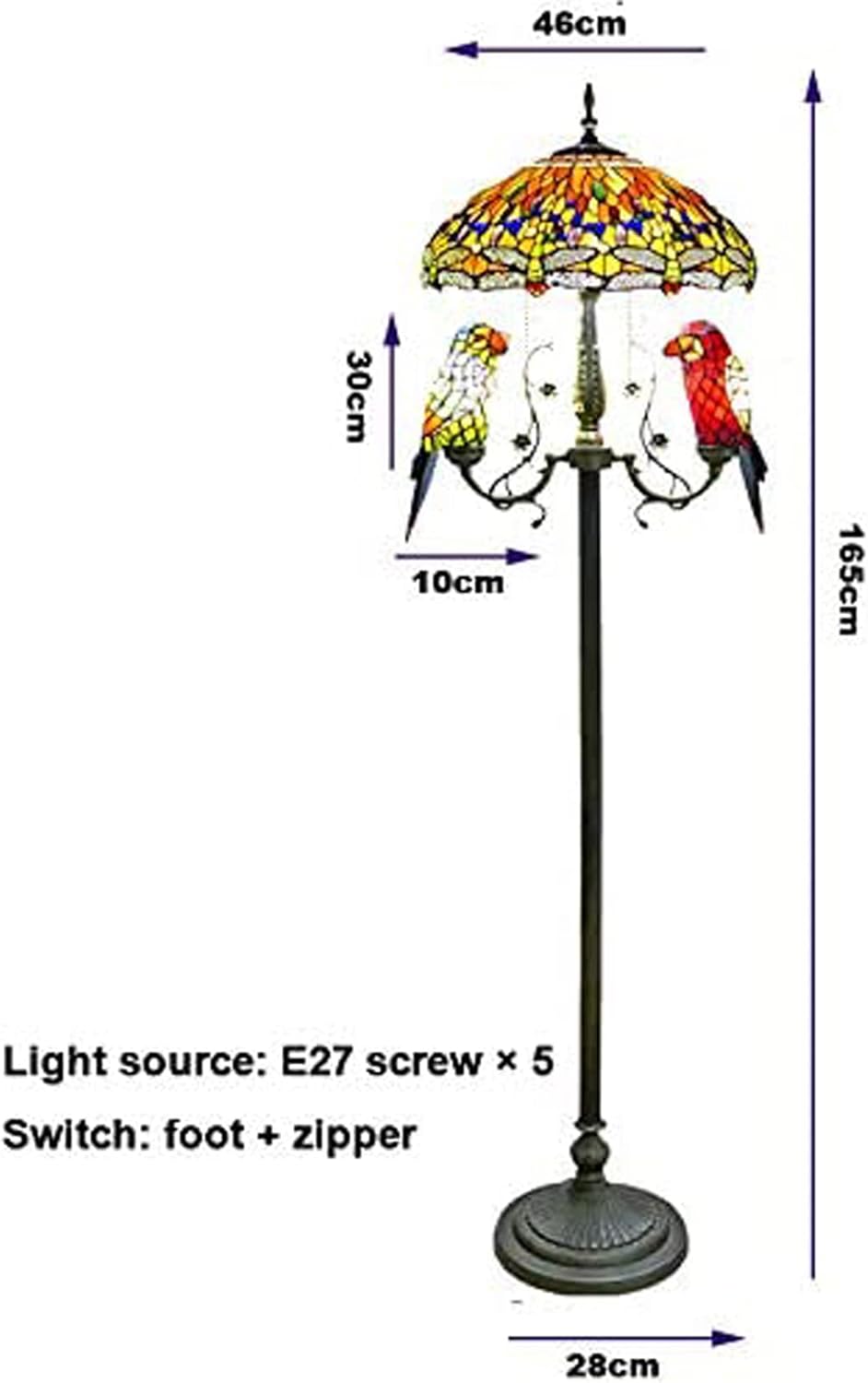 Parrot Floor Standing Lamp Tiffany Style 64 Inch Tall Stained Glass Shade Crystal Bead Dragonfly 5 Light Reading Floor Lamp for Bedroom Living Room,Orange