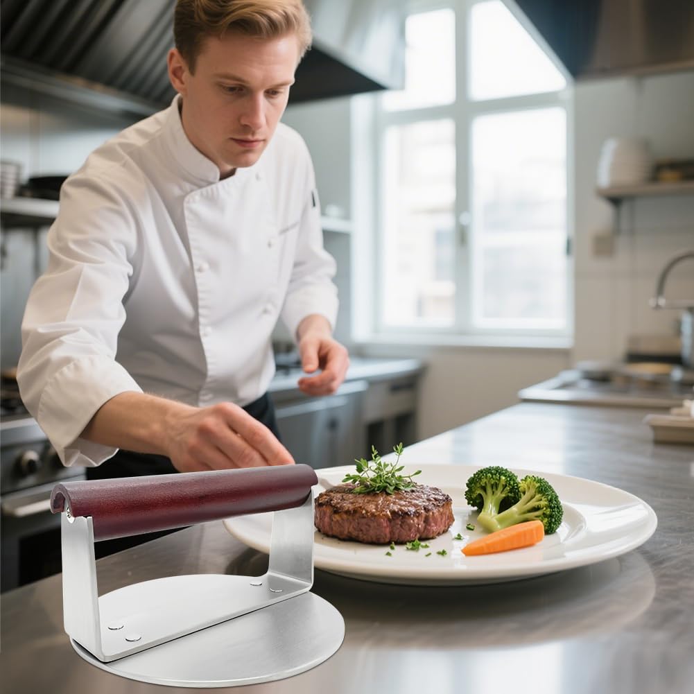 Prensa para hamburguesas, acero inoxidable con mango de madera, prensa redonda para hamburguesas, fácil de limpiar, para parrilla de tapa plana, carne, hamburguesa, carne, tocino, salchichas