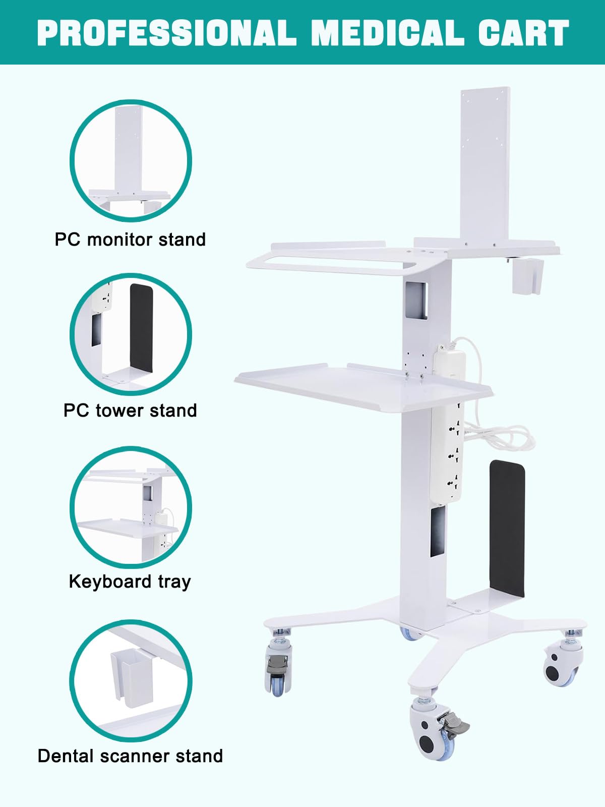 Carrito médico para Carrito móvil con Soporte para Monitor y Escáner Oral, Carro Dental con Ruedas, Carro de Doble Capa para Hospital, Clinica Dental y Oficina