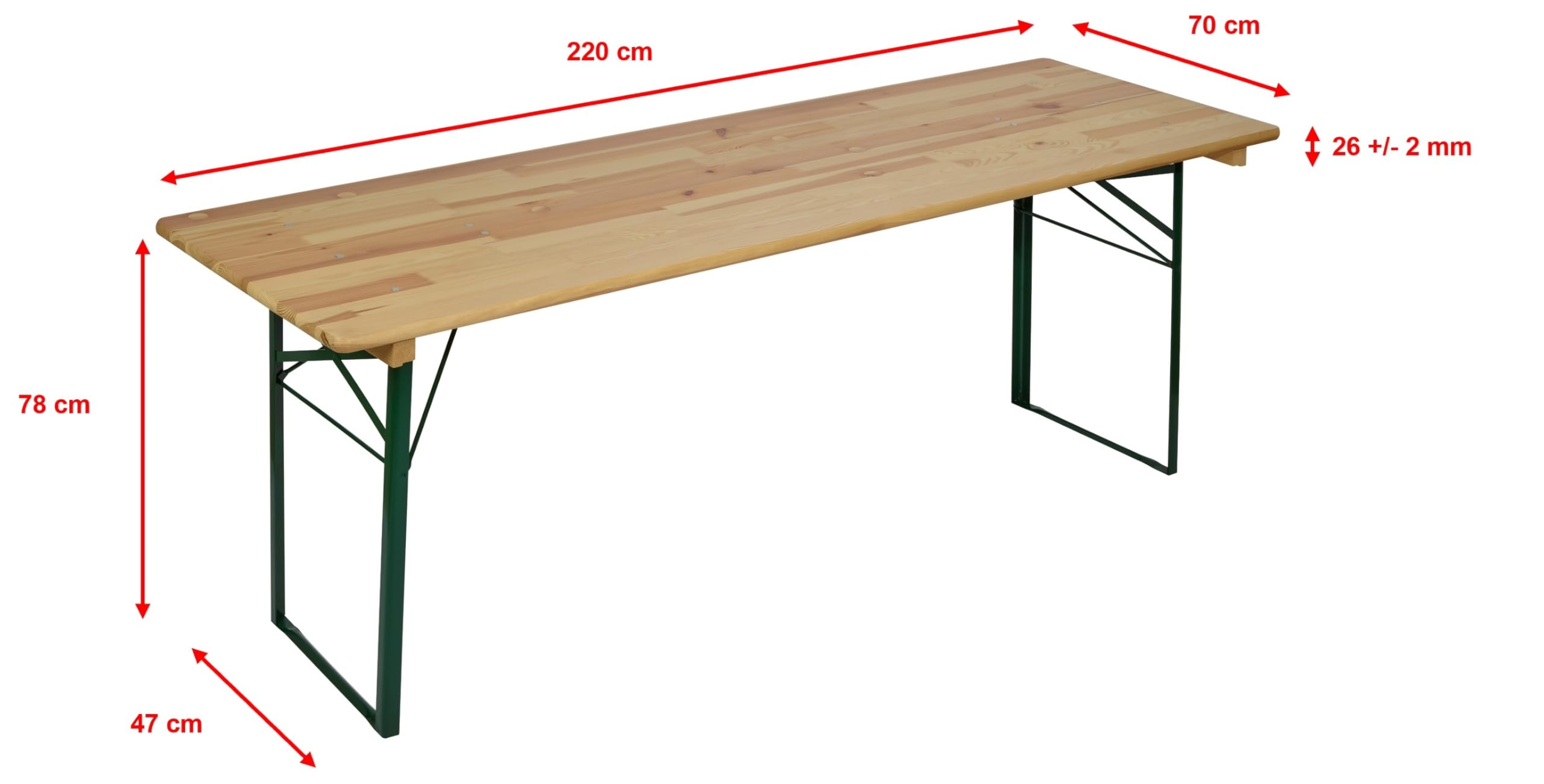 METRO Professional Bierzeltgarnitur, 3-TLG. Gartenmöbel Set, 1 Bier-Tisch 220 x 70 cm, 2 Bierbänke 220 x 25 cm, Klappbar, Naturbraun/Grün