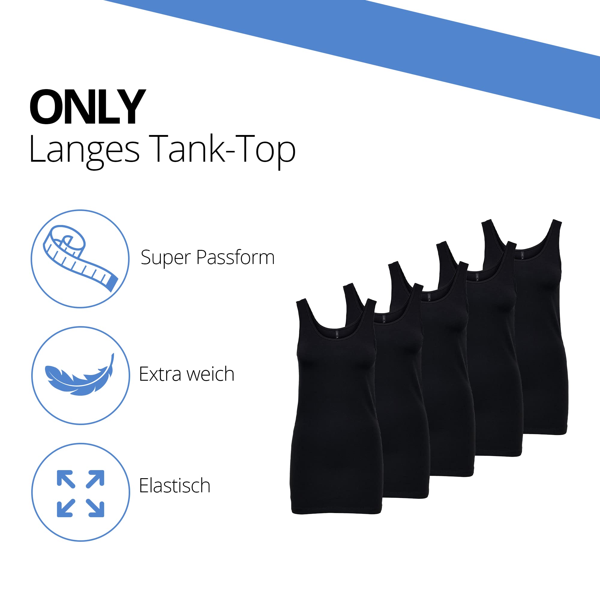 ONLY Tank Top Lang, Schwarz/Weiß, 95% Baumwolle, 5% Elasthan, 1er - 5er Pack