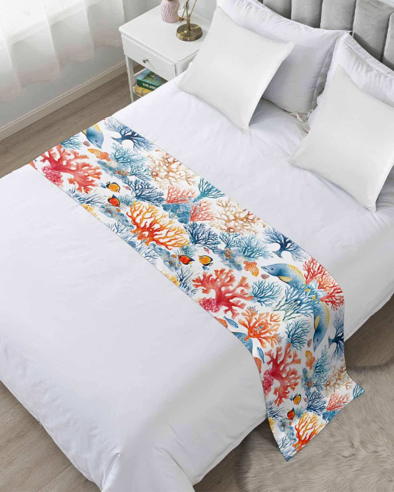 Red Blue Coral Coastal Bed Runner for Cal. King Size, Nautical Summer Beach Fish Bedspread Protector Slipcover Bed Scarf for Foot Runners & Scarves for Bedroom Hotel Wedding Room 94x20 Inches