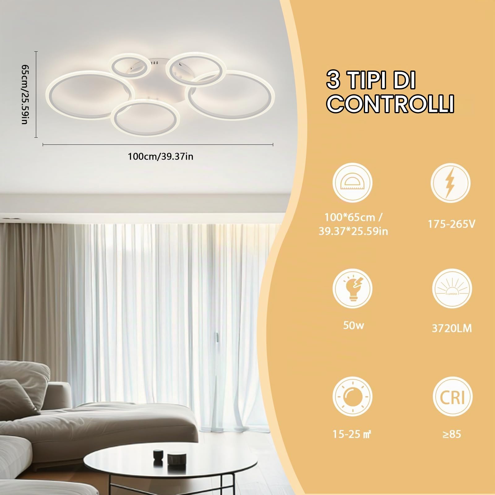 Lampada da soffitto dimmerabile, 100CM Plafoniere LED 60-120W a risparmio energetico con app, telecomando, cambia colore, per soggiorno, camera da letto, cameretta dei bambini