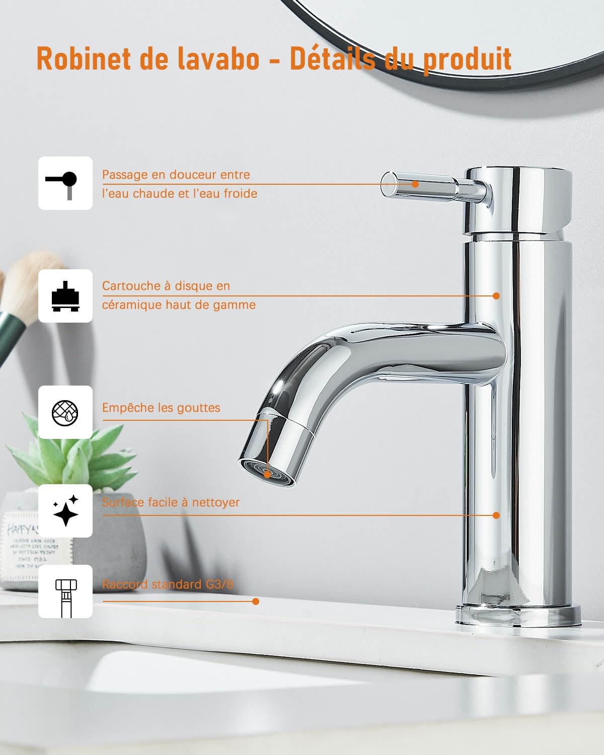 Mitigeur de Lavabo, Mitigeur Lavabo à Bec Coudé, Robinet de Lavabo Réglable Chaud et Froid, Robinet Salle de Bain Monocommande，Chromé