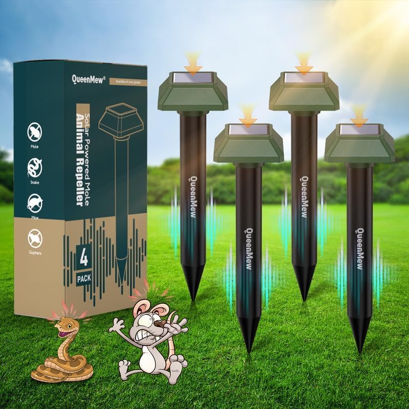 Cat Repeller for Outdoor Use, 360° Mole Deterrent, Solar, Pack of 4, Waterproof Mole Repellent, 700 m² Pet-Friendly, Vole Repellent, Mole Repellent for Outdoor Use