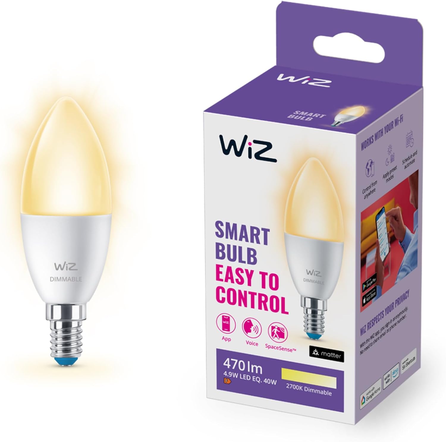 WiZ ampoule LED Connectée WiFi E14 à intensité variable, Blanc Chaud