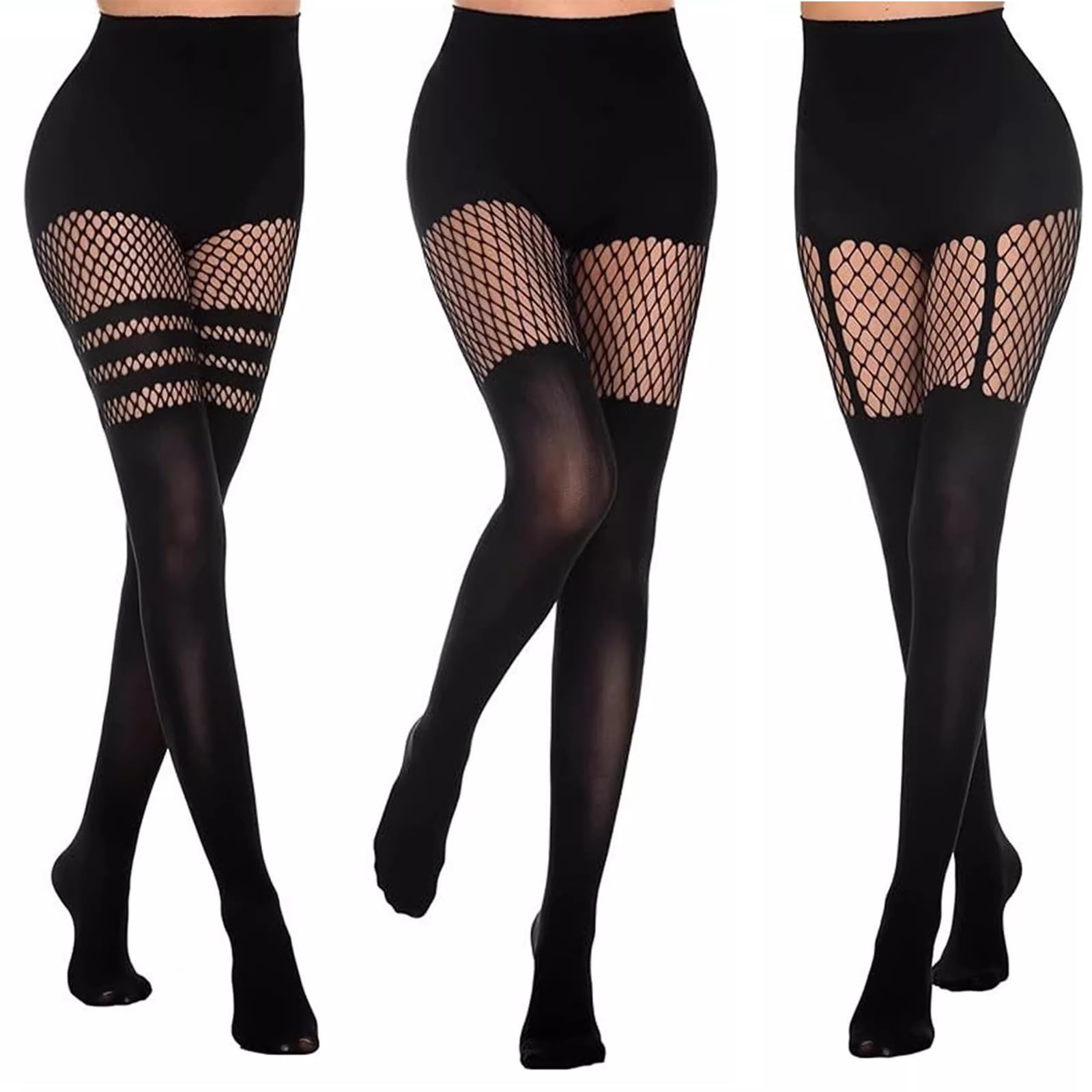 Makoto Nobu Women's Black 3 Pcs Fishnet Tights Set, Suspender Opaque Fishnet Stockings, Mock Thigh High Suspender Stockings Fishnets Opaque Stocking Pantyhose Gifts For Fashionable Pattern (Black)