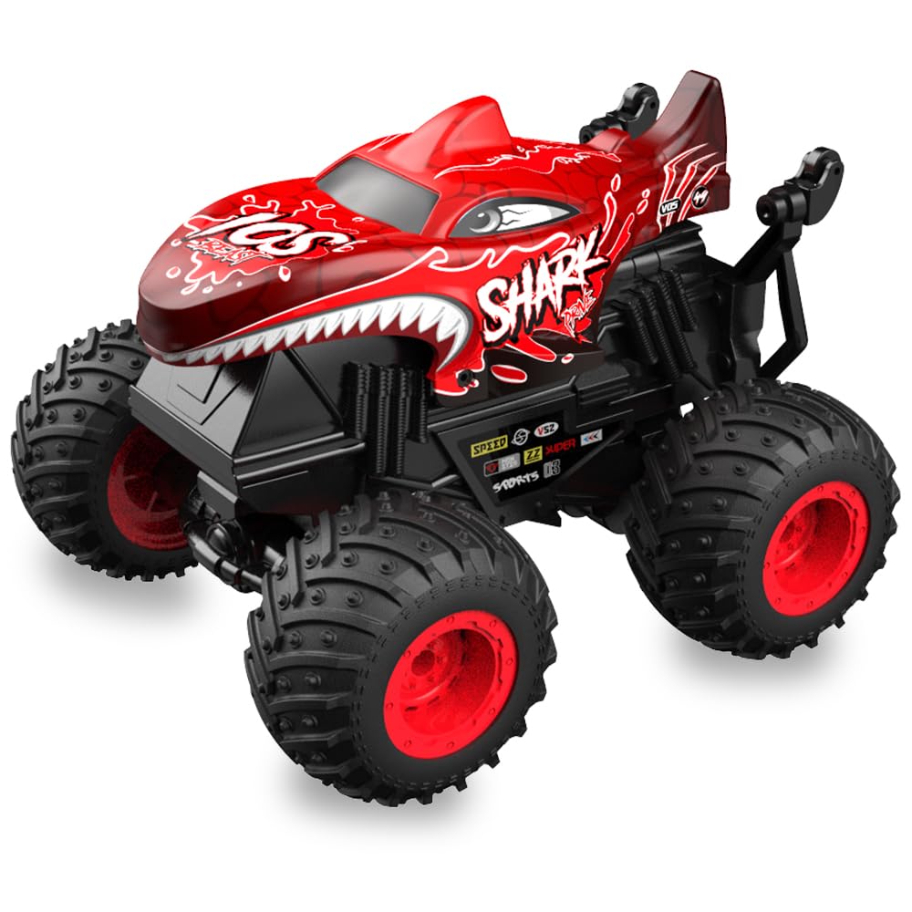 1:20 RC Car for Kids, 2.4GHz Remotes, Red Shark Monster Truck Toys, All Terrain Stunt Remote Control Car with Music, Light, 2 Rechargeable Batteries, Gifts Presents for Boys/Girls Ages 3+