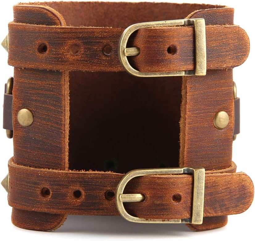 STWTR Men's Wide Cuff Wristband Punk Rock Motorbike Wide Belt Leather Bracelet - Image 4