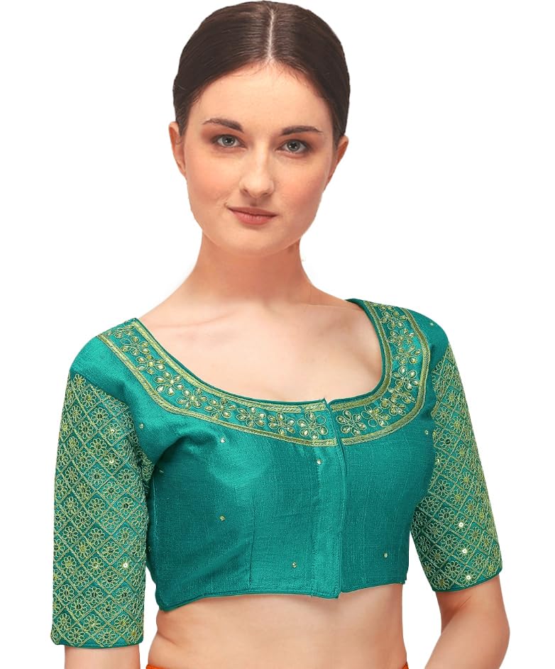 Pujia Mills Women's Embroidery Handwork Sequence Work Necklace Design Readymade Blouse