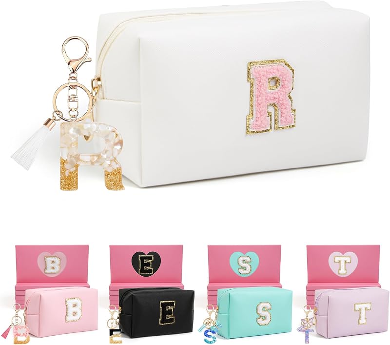 Necessaire de maquiagem AIBFRID em couro PU branco com zíper, estampa de letra e pingente, modelo R, 1 unidade