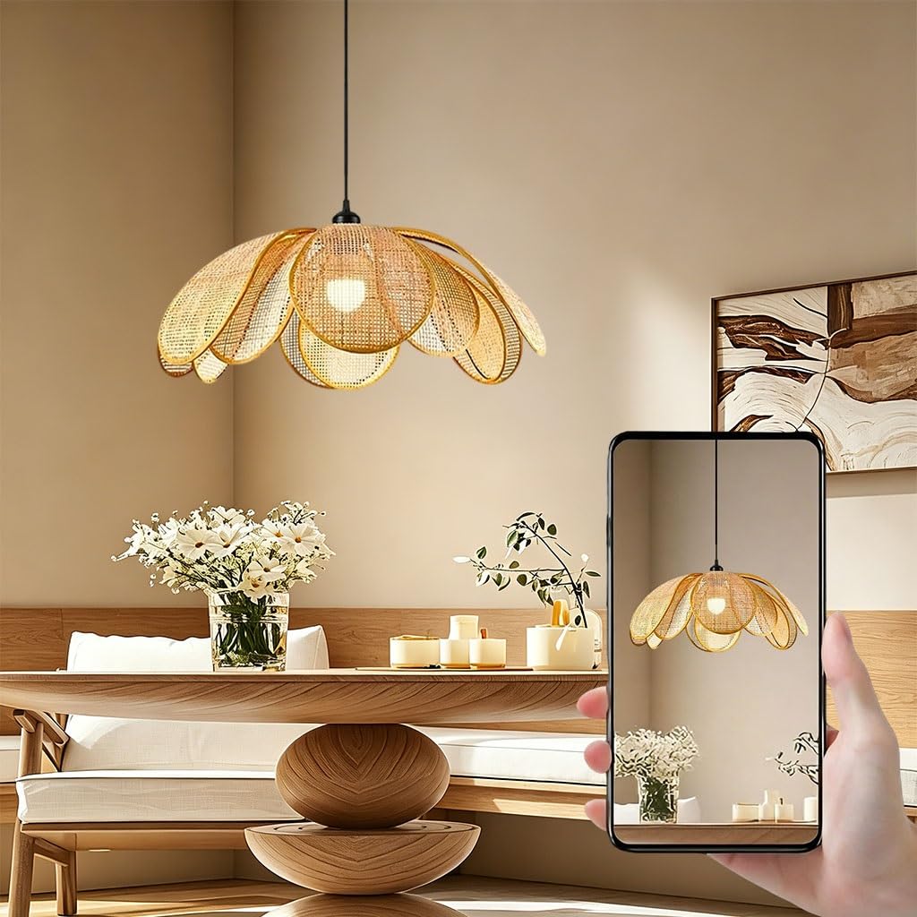 Lampa Wisząca W Kształcie Kwiatu Z Rattanu Żyrandol Z Tkanego Płatka W Stylu Boho Naturalna Lampa Wisząca Z Wikliny Lampa Sufitowa O Organicznym Kształcie W Stylu Wabi Sabi Do Salonu(80cm)