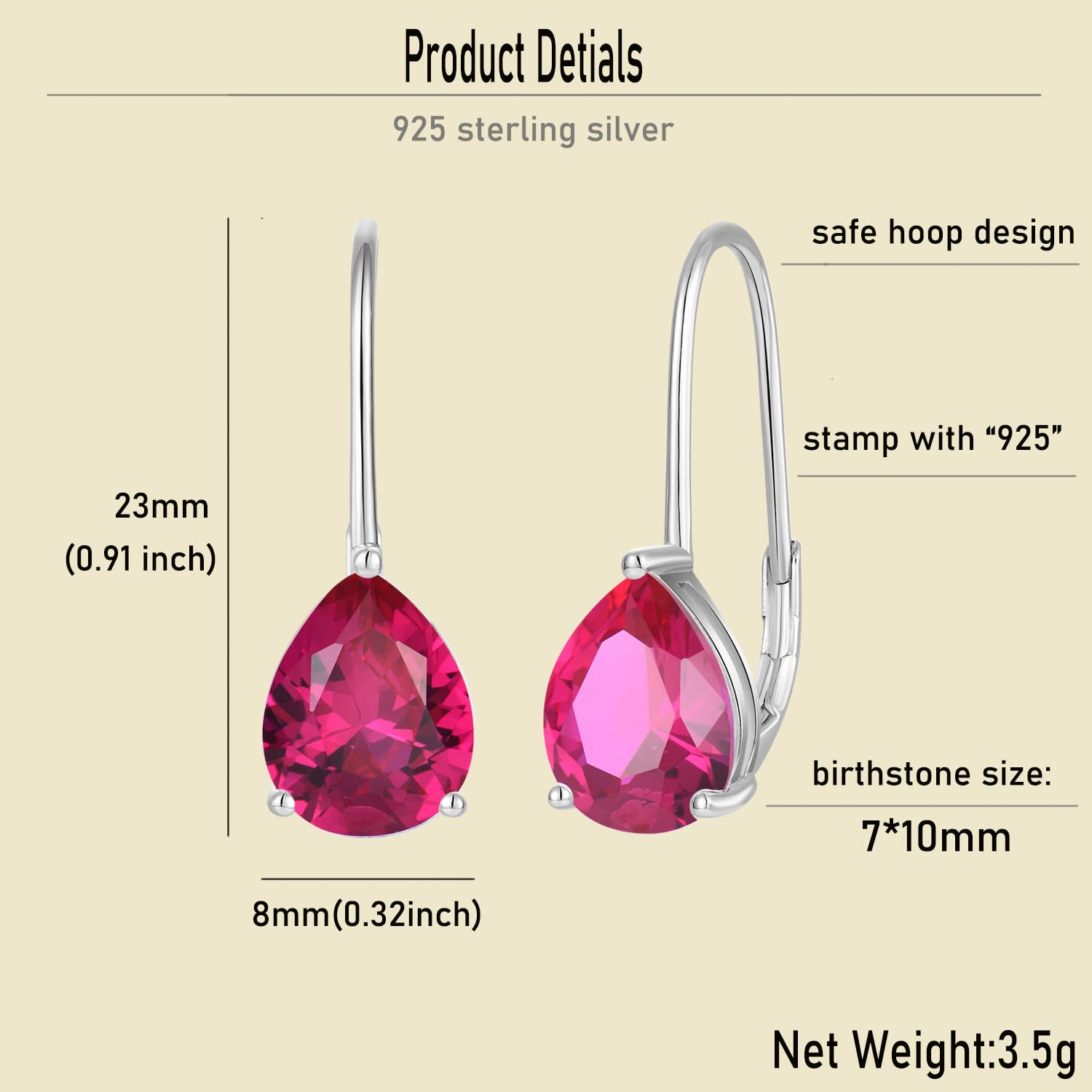JO WISDOM Pendientes de aro de plata de ley 925 con piedra natal y circonita cúbica para mujer