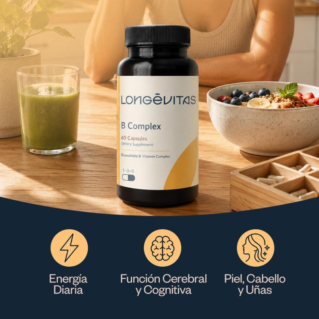 Longévitas Complejo Vitamínico B, Metilcobalamina y 5-MTHF, 2 Meses | Energía, sistema nervioso y concentración mental, Piel, cabello y uñas, España, ISO9001 y BRC Food