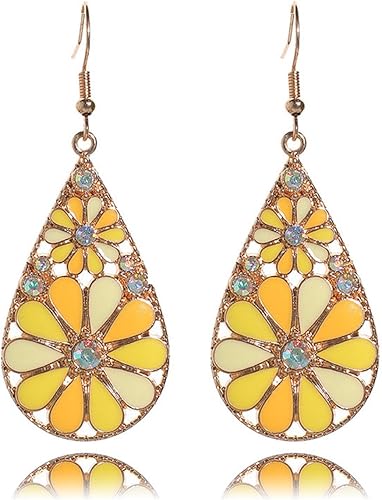 Aretes bohemios de lágrima de flores, hechos a mano, vintage, coloridos, ahuecados, florales, aretes colgantes bohemios, étnicos