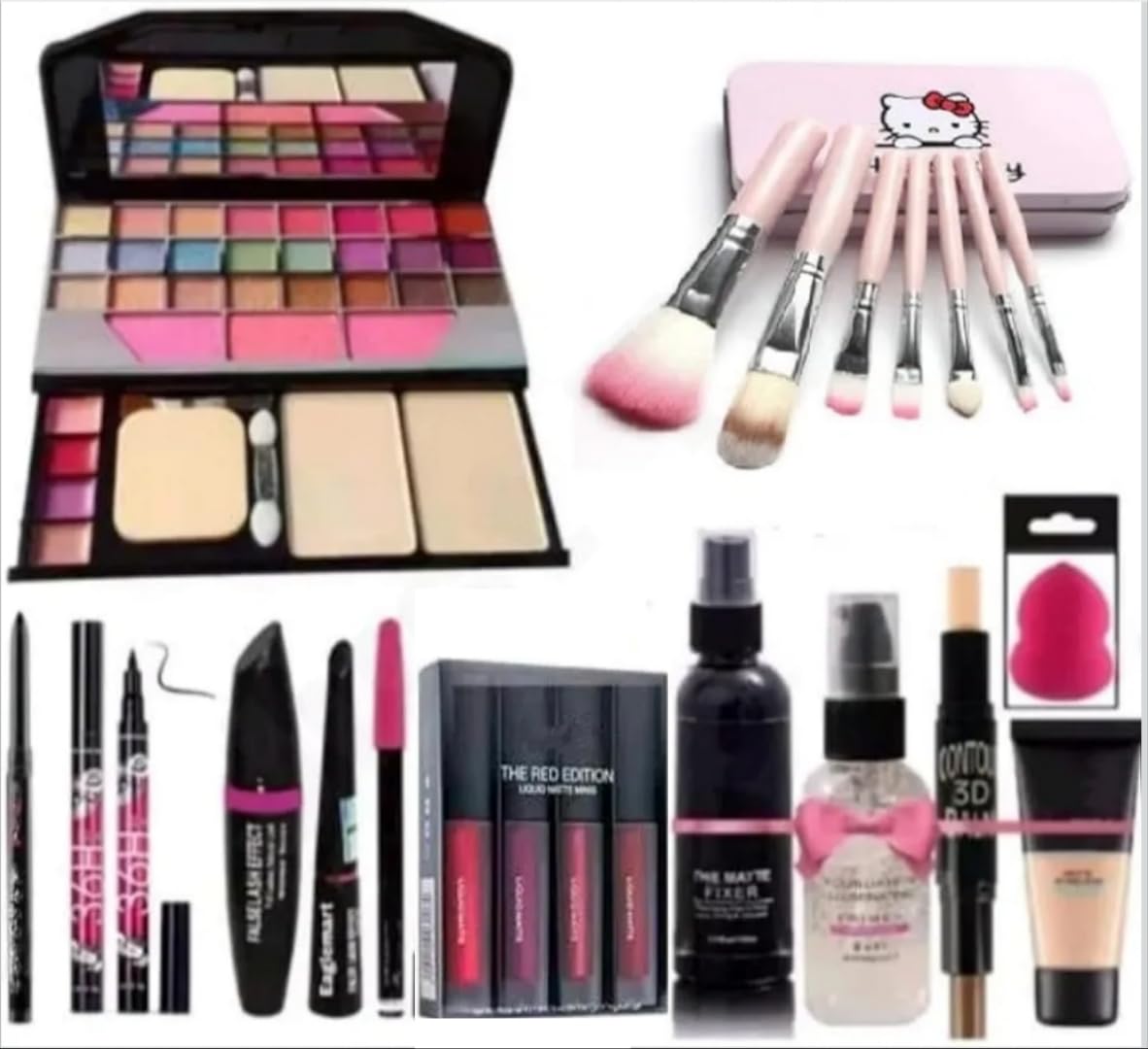 Just Tya | Professional Multicolor 6155 Makeup Kit with 7 Pink Makeup Brush, 1 Lipstick, Fixer, Primer, Contour, Foundation, 3in1 Eye Combo, 36H, Kajal and 1 Beauty blander-(Pack of 19)-image-43