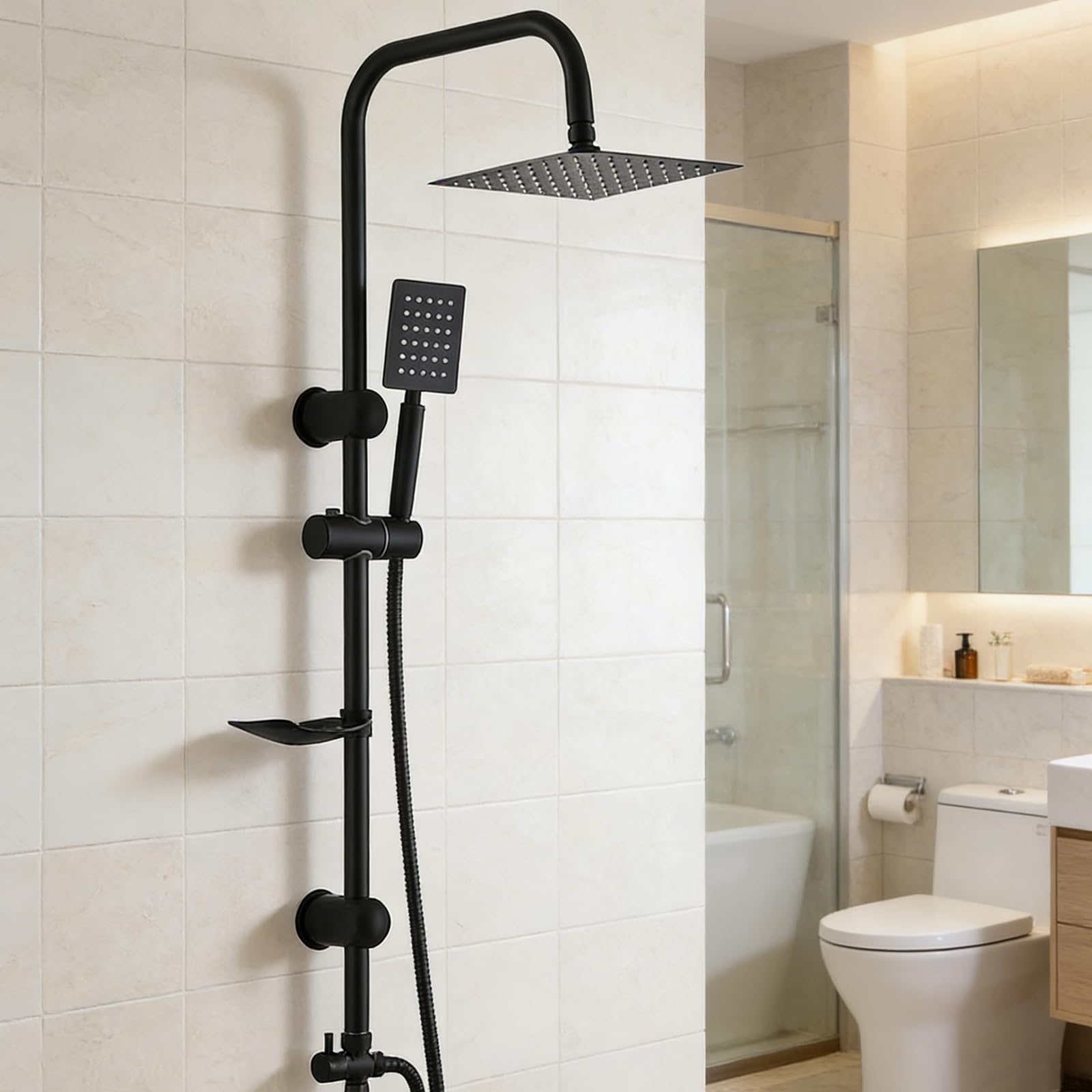 Colonna Doccia Senza Miscelatore 92cm, Set Doccia con Soffione Quadrato e Doccetta in Acciaio Inox, Asta Saliscendi Doccia Regolabile, Installazione Divisa