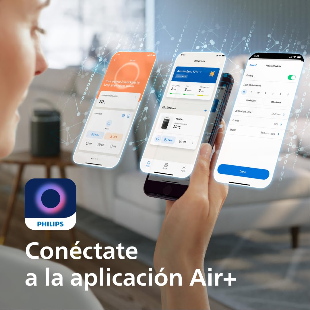 Calefactor conectado Philips Serie 3000 de 2000 W, hasta un 50% de ahorro de energía con Eco AI, silencioso 24 db(A), 5 funciones de seguridad, oscilación de 45°, gris oscuro (CX3120/01)