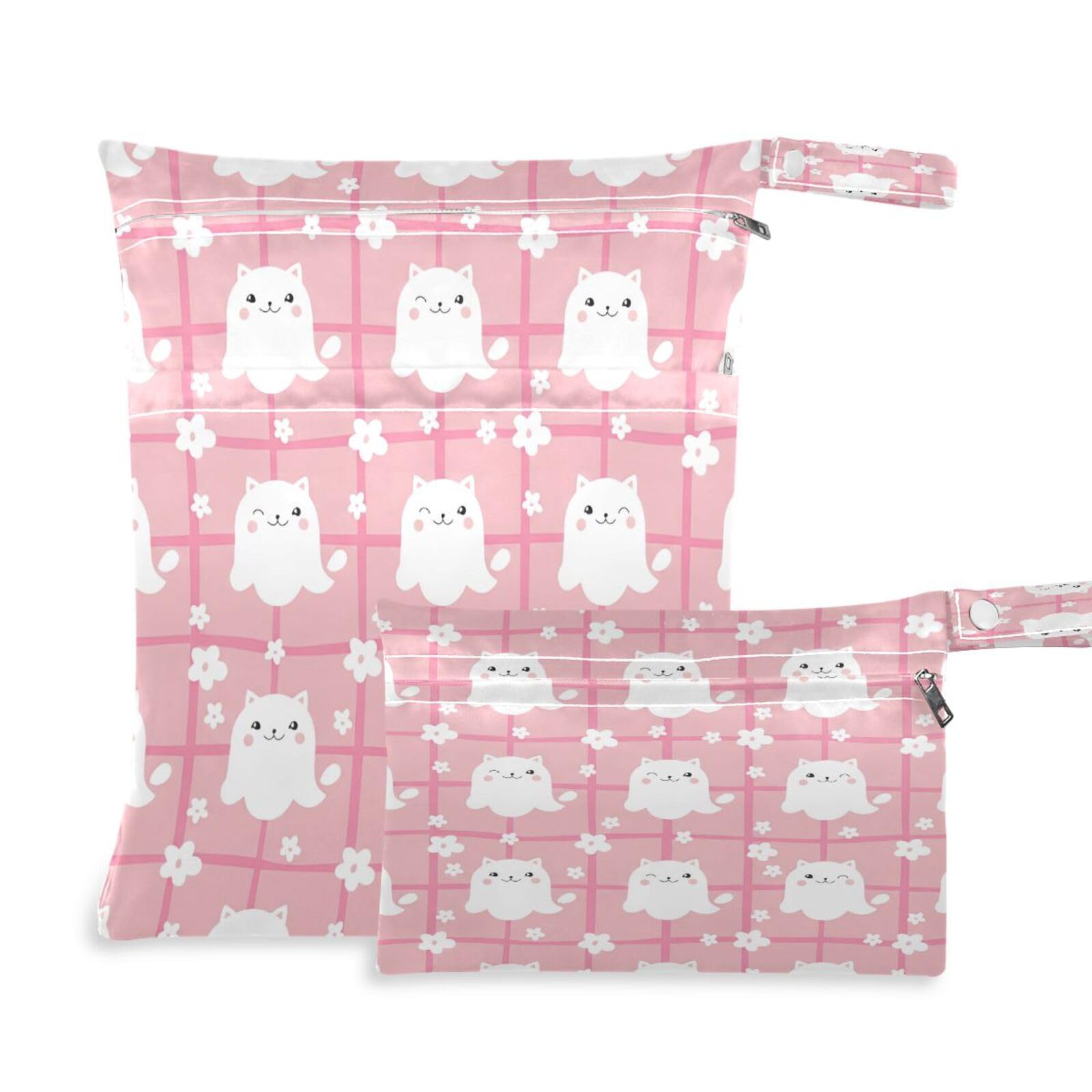 GakkiGii Cute Cat Wet Dry Bag with Zippered Cloth Diapers, Reusable Wet Bag for Cloth Diapers for Babies, 2PC Travel Pool Gym Waterproof Bag