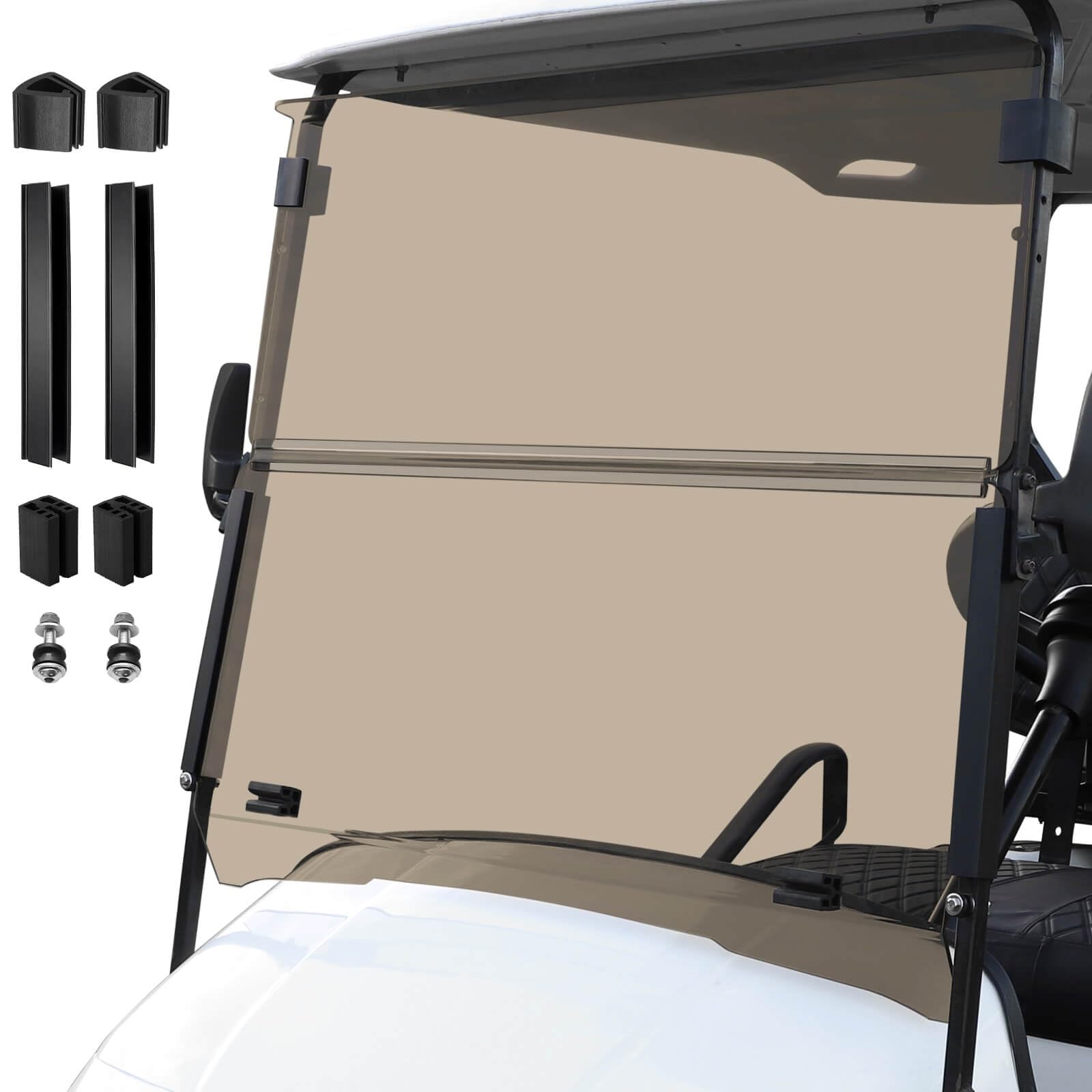 Golf Cart Foldable Windshield 3/16" (5MM) Thicken Only Fits 1995-2013 EZGO TXT & Medalist, Fits 3/4" Struts Rail Windscreen Glass Replacement Shatterproof & Anti-UV Included Mounting Hardware