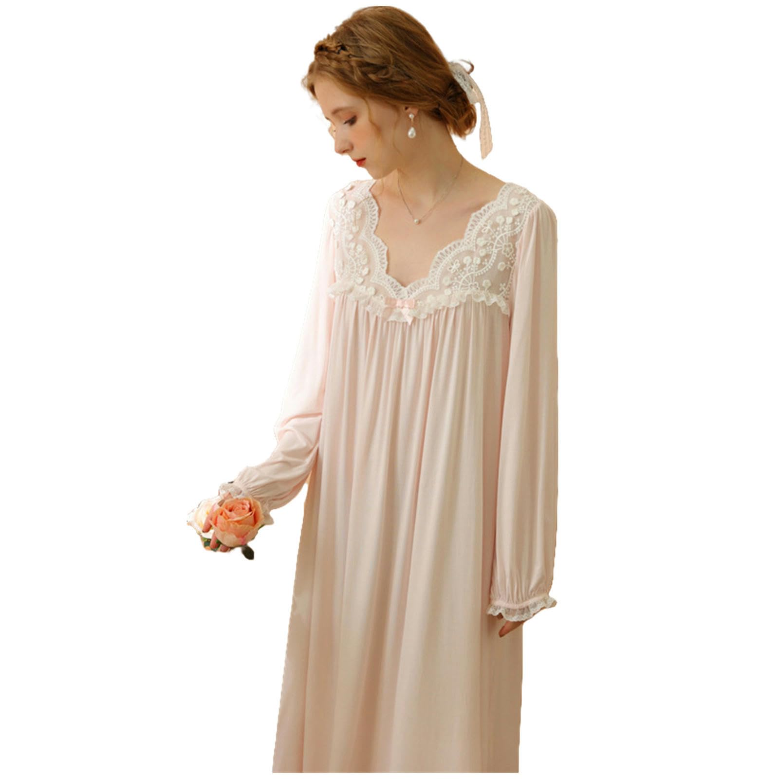 Camicia Notte Donna Princess Nightdress Spring E Autunno A Manica Lunga Cotone Abito da Fata da Fata da Fata Vestiti per La Casa-Rosa-l