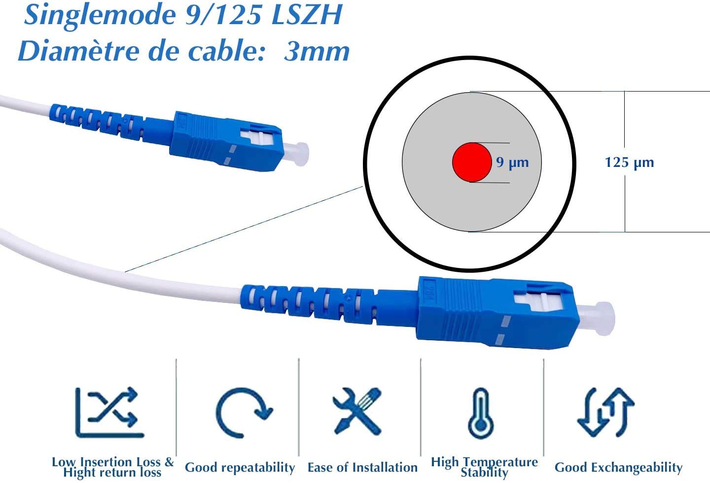 Elfcam - Cavo Fibra Ottica SC/UPC per SC/UPC Simplex Monomodale LSZH Bianco (1M)