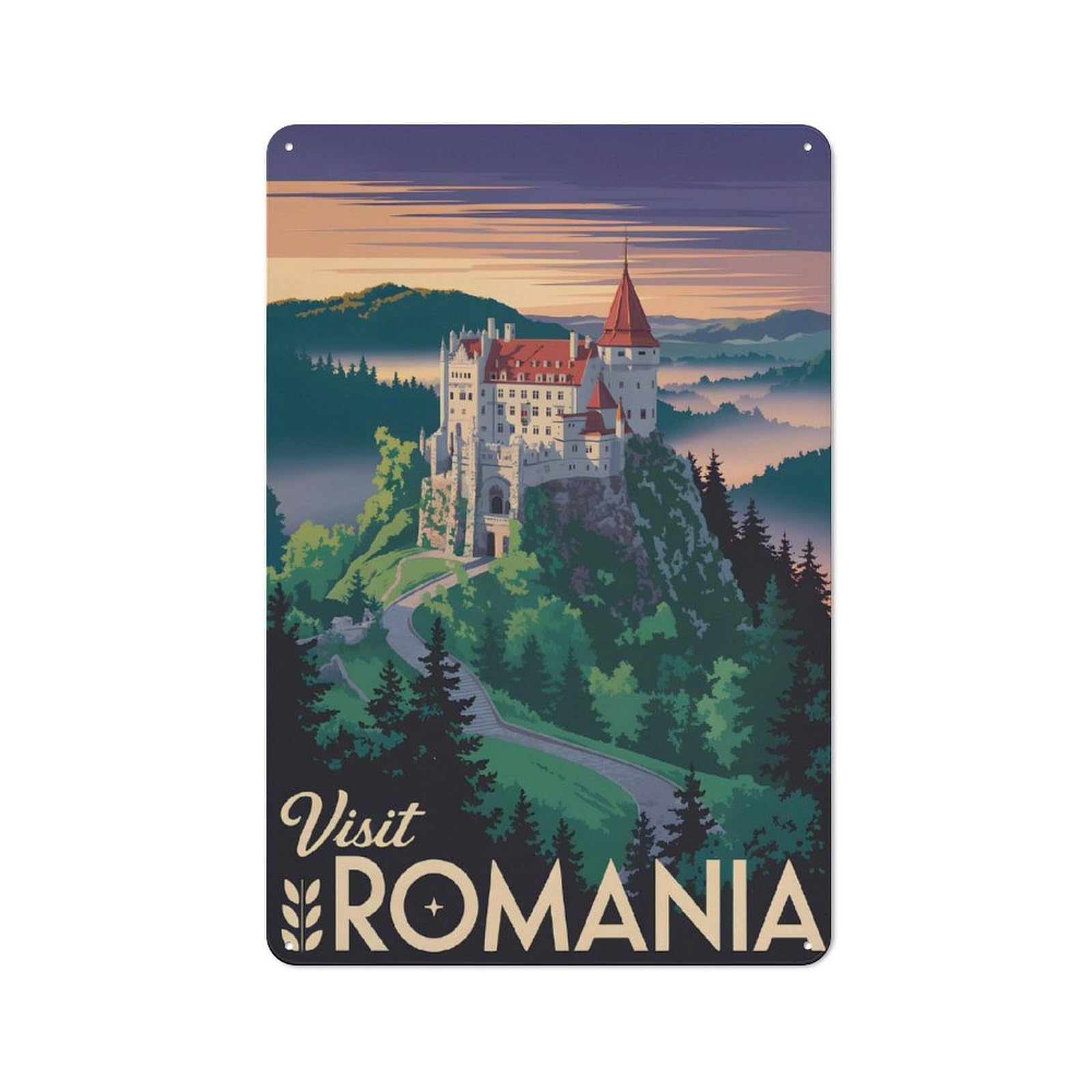 Junmoney Style-23 Tin Wall Plaque 30X20cm With Visit Romania Travel For Café Or Restaurant, Housewarming Present For People Styling Café And Restaurant