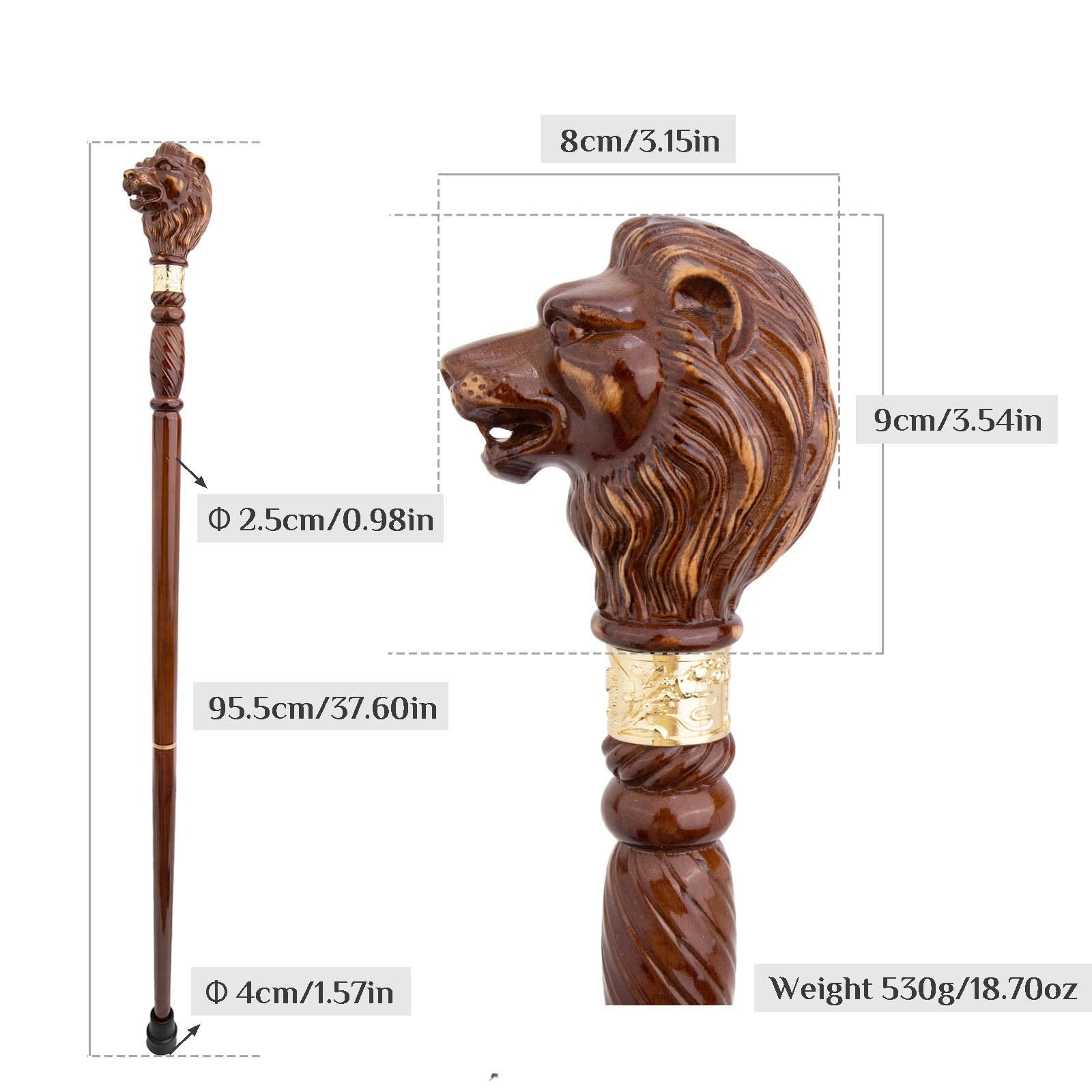 Handgeschnitzter Löwen-Spazierstock Aus Holz Mit Ergonomischem Griff und Gummispitze für Damen und Herren – Modischer, Exklusiver Gehstock für Senioren – 95,5 cm