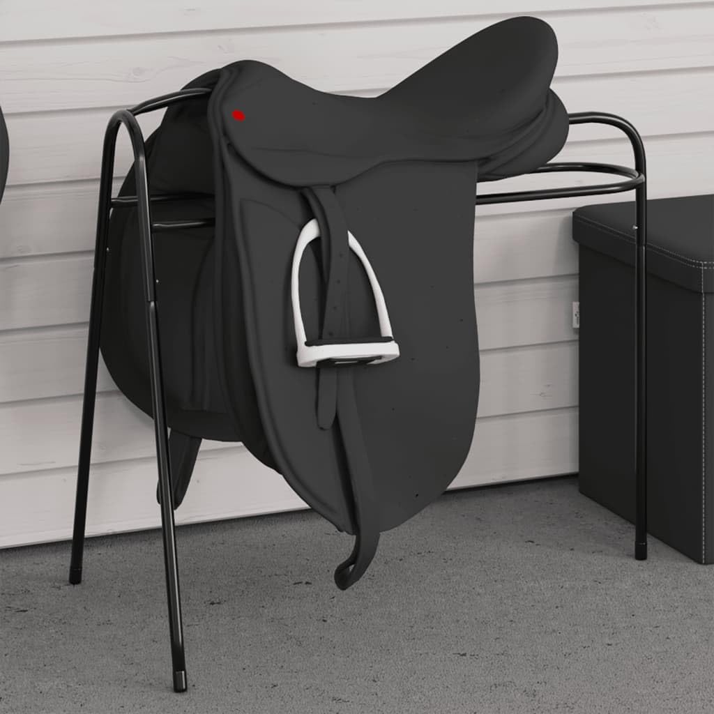 Cavalletto per sella con 3 gambe in ferro verniciato a polvere, nero, 70 x 43 x 63 cm, con gancio per accessori per sella, stalla, pascolo, allenamento e torneo, robusto e versatile