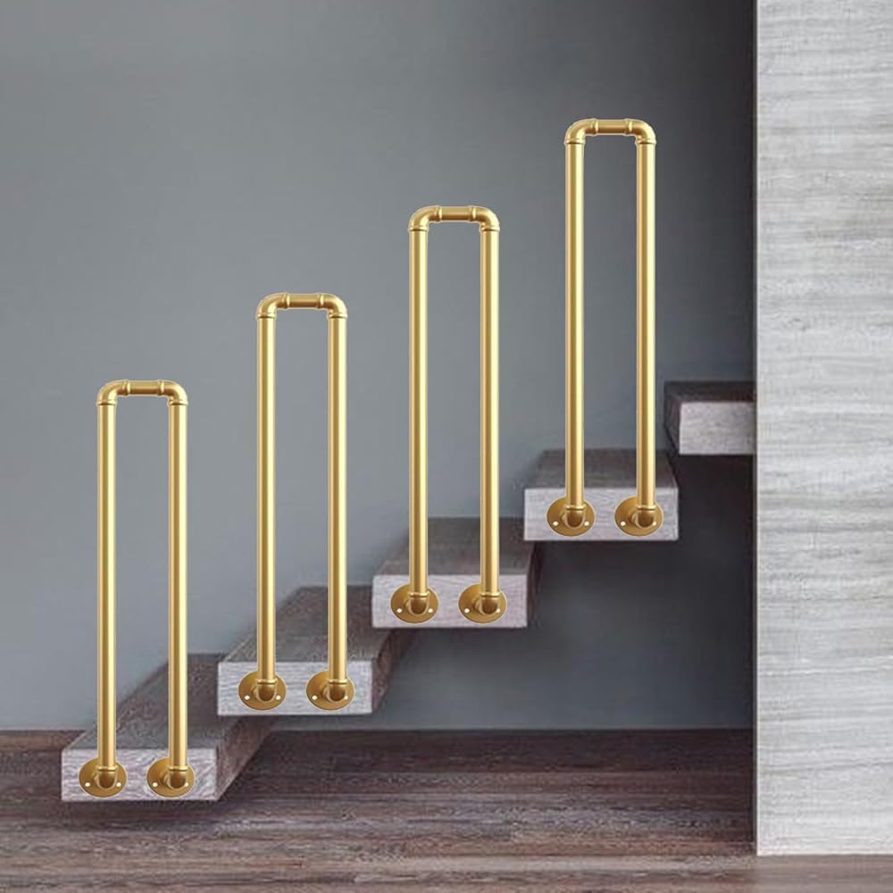 Lqsybhd Black 4Pcs U-Shaped Stair Handrail Side Mount Gold Industrial Pipe Stair Railing, Indoor Outdoor Steps Non-Slip Guardrail For Porch Garden Loft Indoor Outdoor(Size:3.12ft/95Cm)