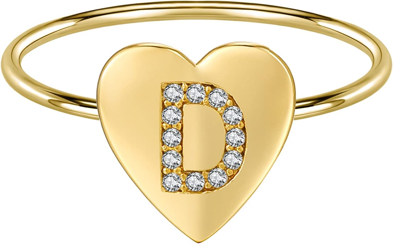 AOEDEJ Sterling Silver Stackable Initial Ring 14K Gold Plated CZ Heart Initial Capital Letter for Women