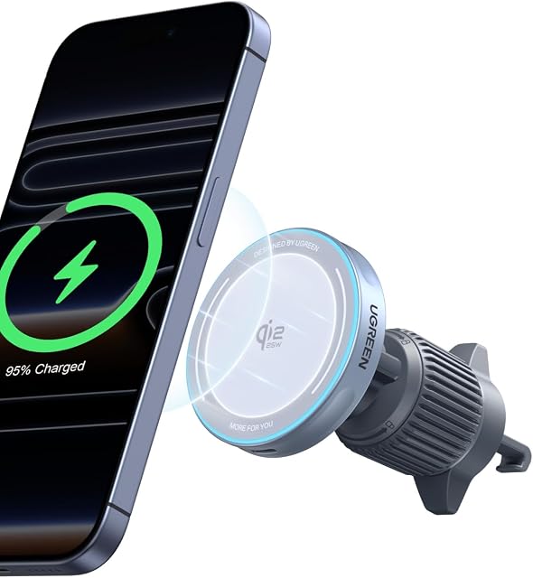 UGREEN MagSafe Chargeur de montage de voiture, chargeur de voiture sans fil magnétique Qi2 25W Chargeur rapide, 17 Un aimant fort, Air Évent, LED Lumières, porte-téléphone magnétique pour voiture iPhone 17 16 15 14 13 12