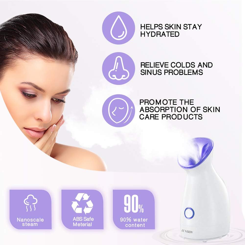 Diagram showing benefits of facial steamer: hydrated skin, sinus relief, better product absorption.