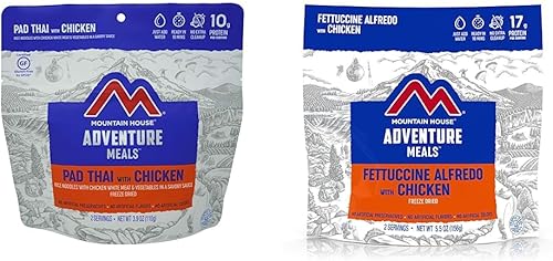 Mountain House Pad Thai con pollo | Alimentos liofilizados para mochileros y campamentos | 2 porciones | Alfredo sin gluten y fettuccine con pollo |