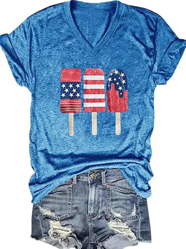 4th of July V Neck Patriotic T-Shirts Women American Flag Print Faith Family Freedom Letter Casual Short Sleeve Tee Tops