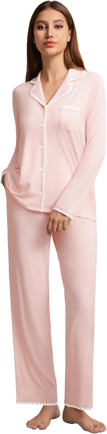 WiWi Women's Pajama Set Button Down Sleepwear Soft Bamboo Viscose Loungewear with Pockets 2 Piece PJ Sleepwear S-XXL