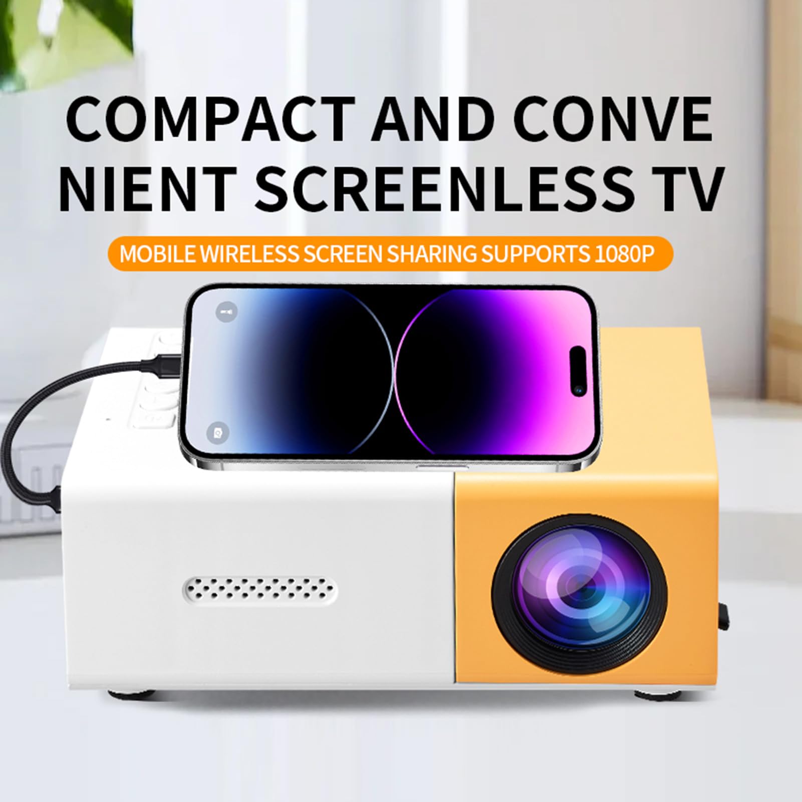 PUSOKEI Mini Proiettore, Proiettore Video Full HD 1080p con luminosità 100SI 6000LM, Correzione Automatica, Messa a Fuoco Manuale, Compatibile con IOS/telefono Android/HDMI/USB/TV