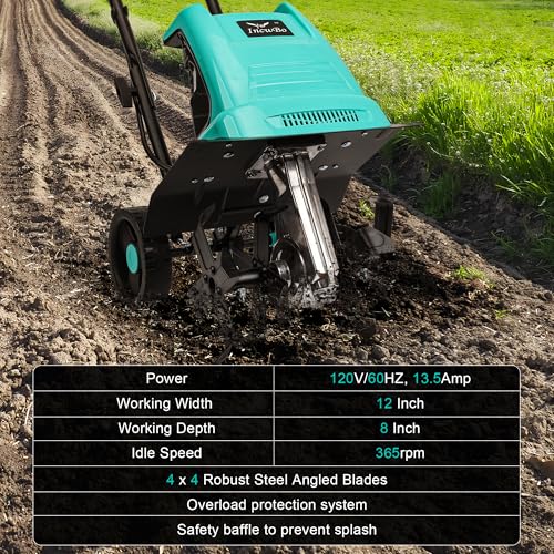 image for IncwBo 13.5 Amp 12 Inch Electric Tiller/Cultivator with 4 Steel Tines,