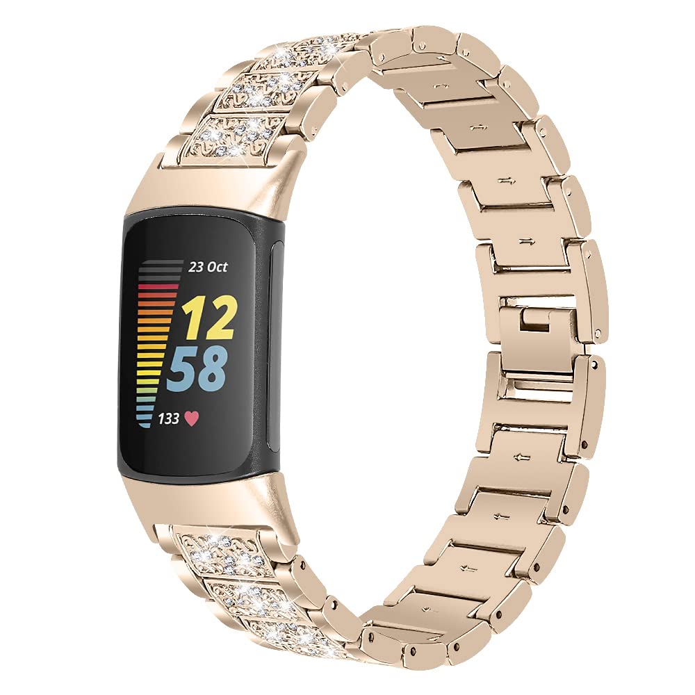 Gimuk Metal Strap Compatible with Fitbit Charge 6/5 - Adjustable Stainless Steel Bling Glitter Diamond Sport Wristband for Women Men