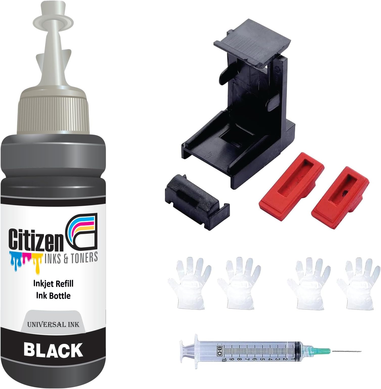 Refill Kit with Suction Tool Combo Pack of High Yield Inkjet Cartridge Ink Refill Compatible for HP and Canon Cartridge Printers - 100ml Per Bottle (1 bk 1 Syringe 1 Suction Tools)