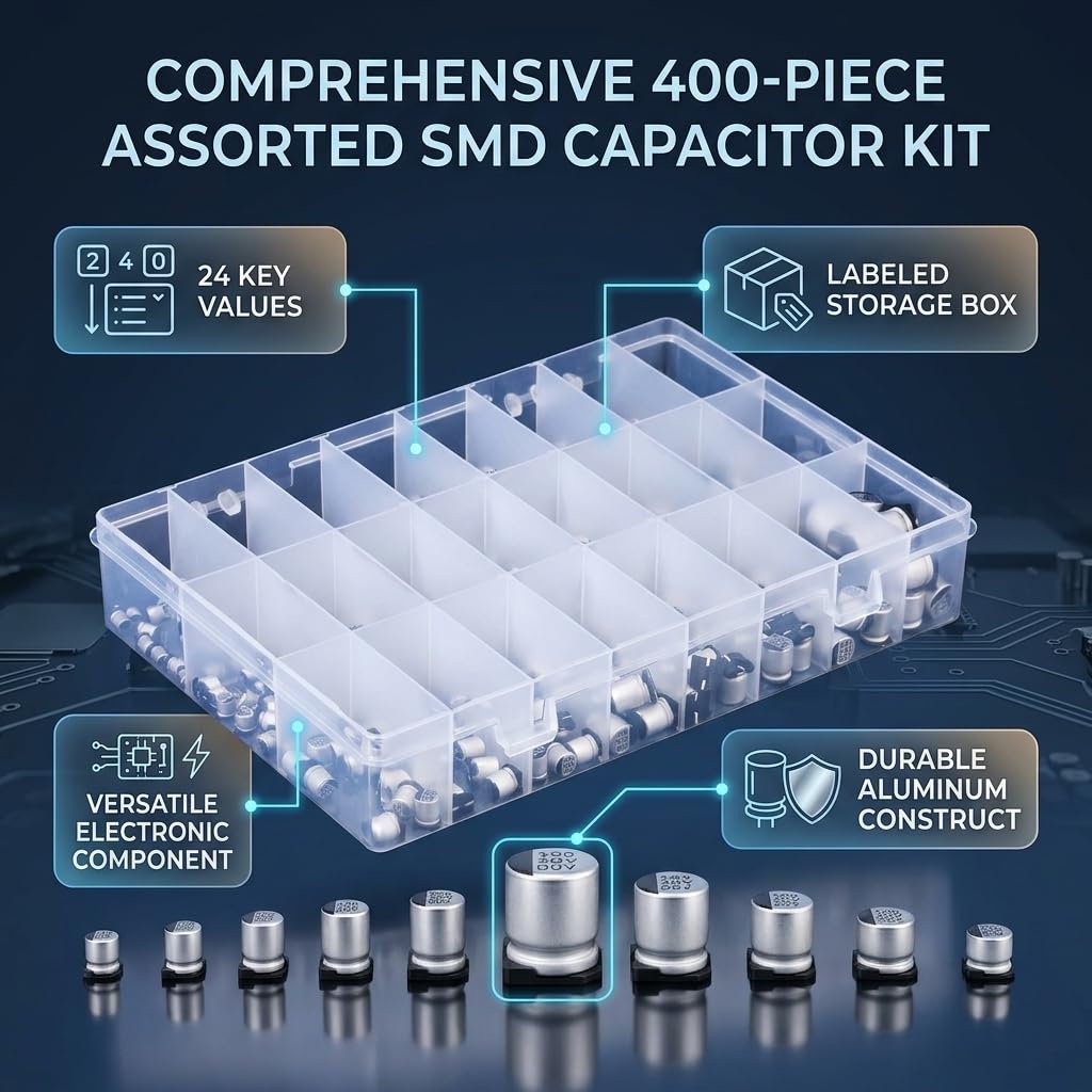 Condensador electrolítico de aluminio 400 piezas 24 valores Condensador radial SMD Kit de surtido de componentes electrónicos 1uF-1000uF
