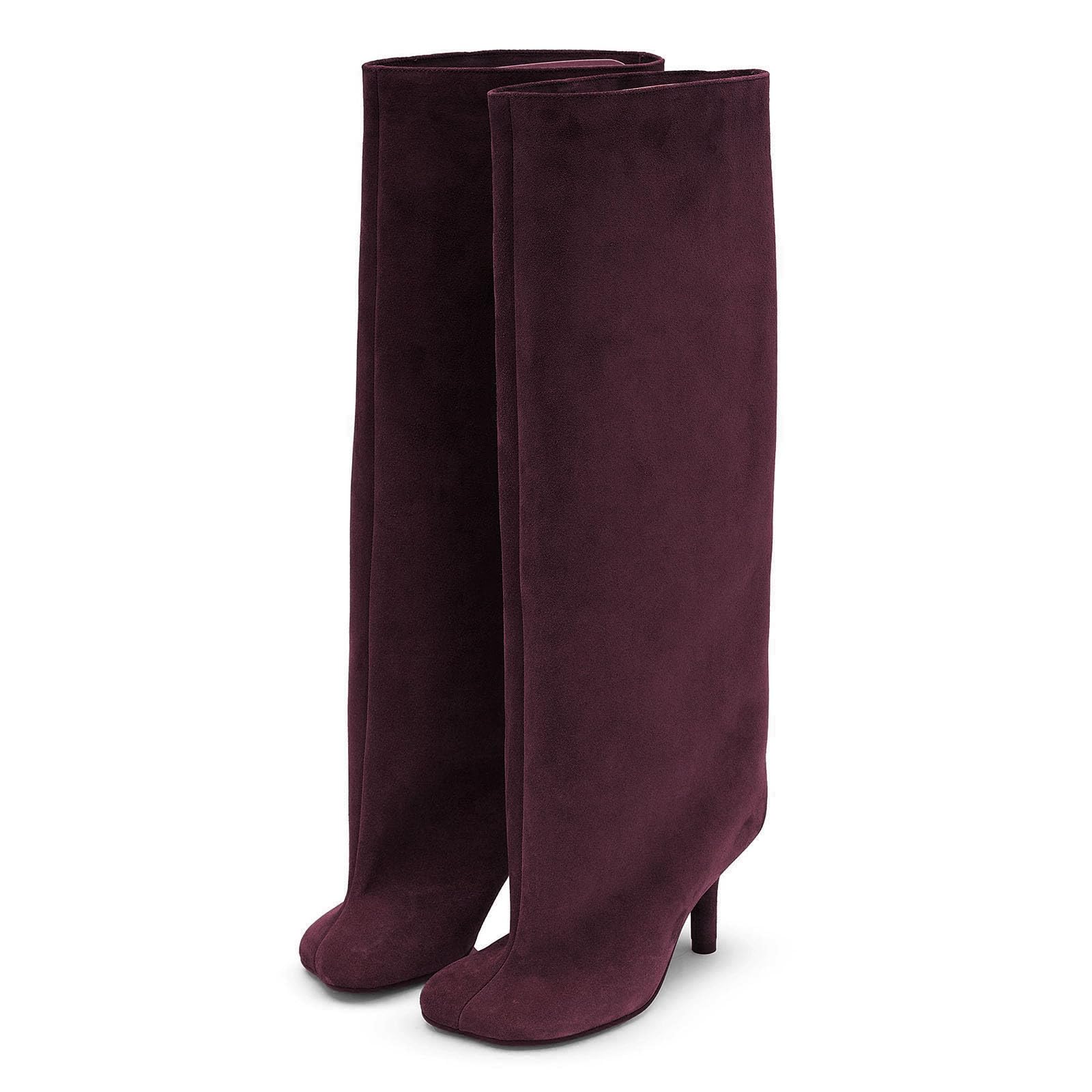 Yishaweiqi Camel Suede Knee High Boots for Women Square Toe Stiletto Heel Long Boots Wide-Calf Stylish Comfortable Fall