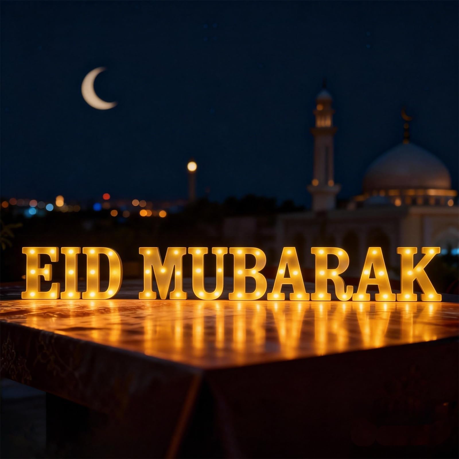 Eid Mubarak Decorations, Letter Sign LED Lights Battery Powered, Light Up Home Table Decor Hanging Decorations Indoor Outdoor