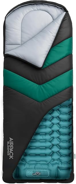 Sac de couchage avec Pad intégré (AirPack Sommeil) - Plaque de couchage gonflable tout-en-un et couverture Zip-Up pour le camping avec pompe à pied intégrée (noir/vert) 210x80cm