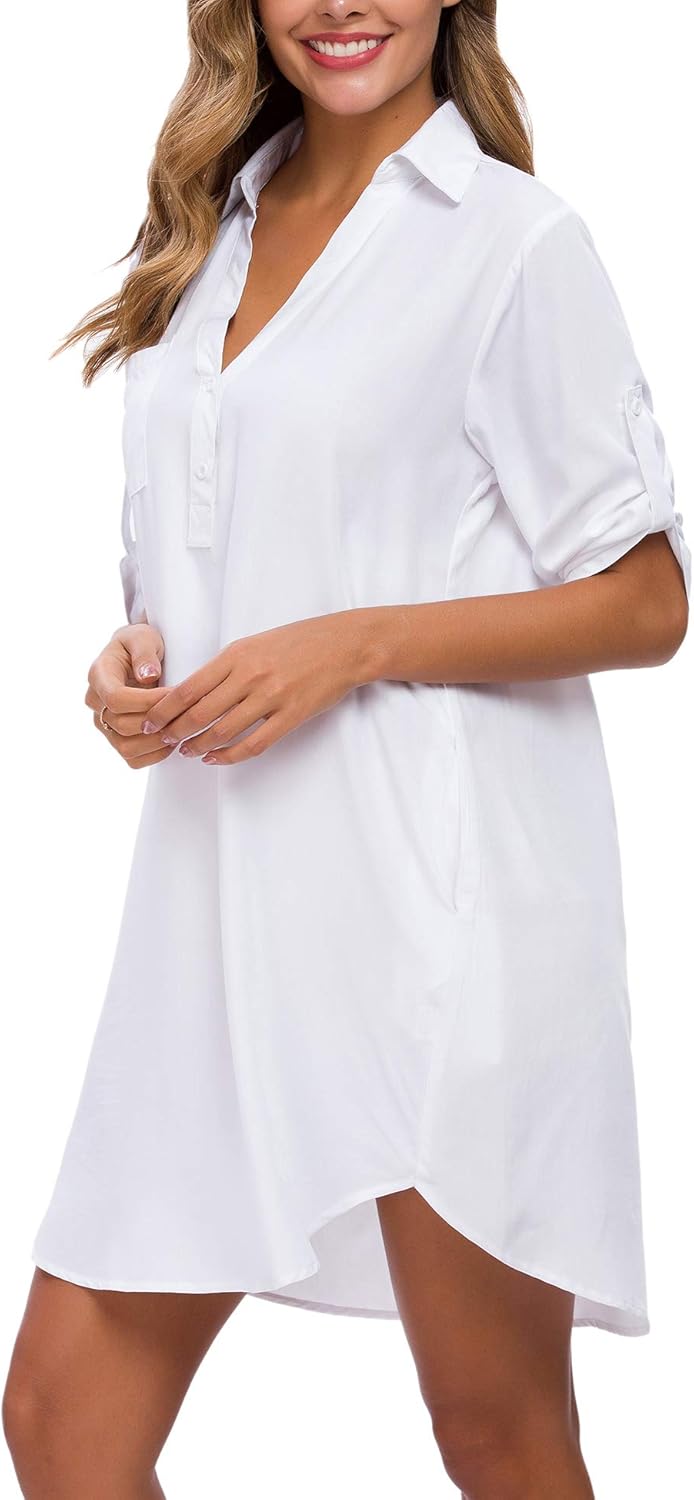 MANAIXUAN Shirt Dresses for Women 3/4 Sleeve V Neck Oversized Button Down Boyfriend Casual Tunic Dress - Image 3