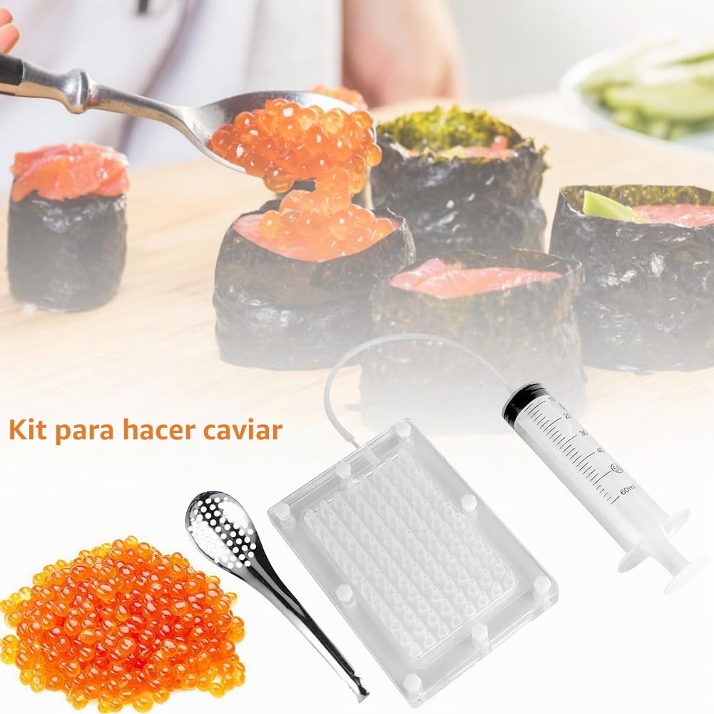 Kit Gastronomía Molecular - Set Fabricante De Caviar | Herramientas Pipeta Esferificación | Dispensador Salsa Huevas 100 Agujeros Con Colador, Cuchara & Jeringa Para Cocina Creativa, Experimentos