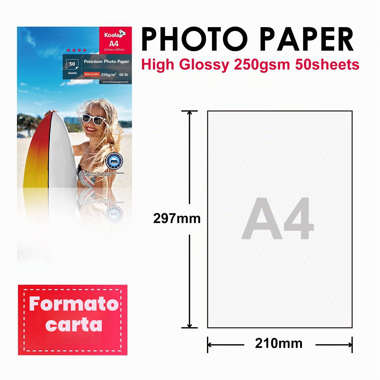 KOALA Carta fotografica lucida A4 250 g/m² 50 fogli per stampante a getto d'inchiostro Canon HP Epson
