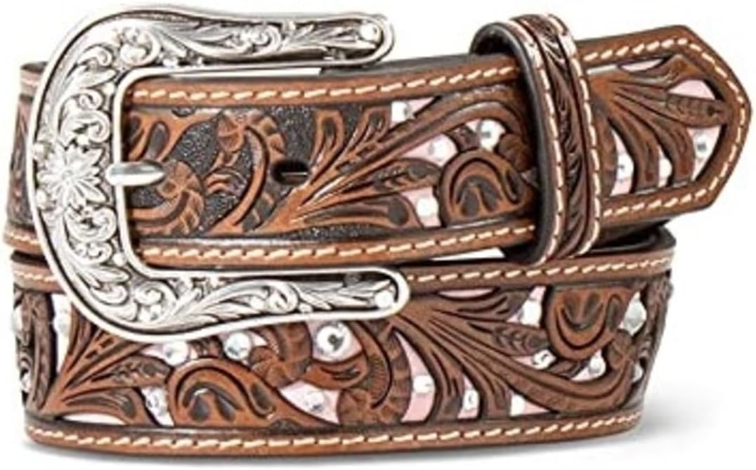ARIAT Youth Girls Scrolling Filigree Crystal Accent Leather Belt, Brown/Pink, 20